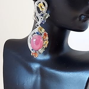 Heated Natural Ruby, Sapphire, White Topaz 925 Sterling Silver‎ Earrings